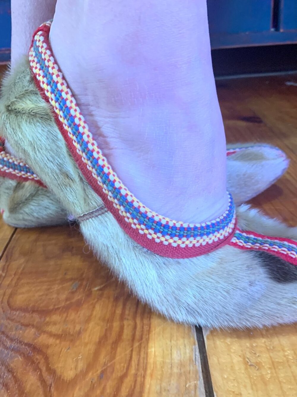 Vintage Hair On Elk Hide Moccasins with Elastic Embroidered Edging - Size 5